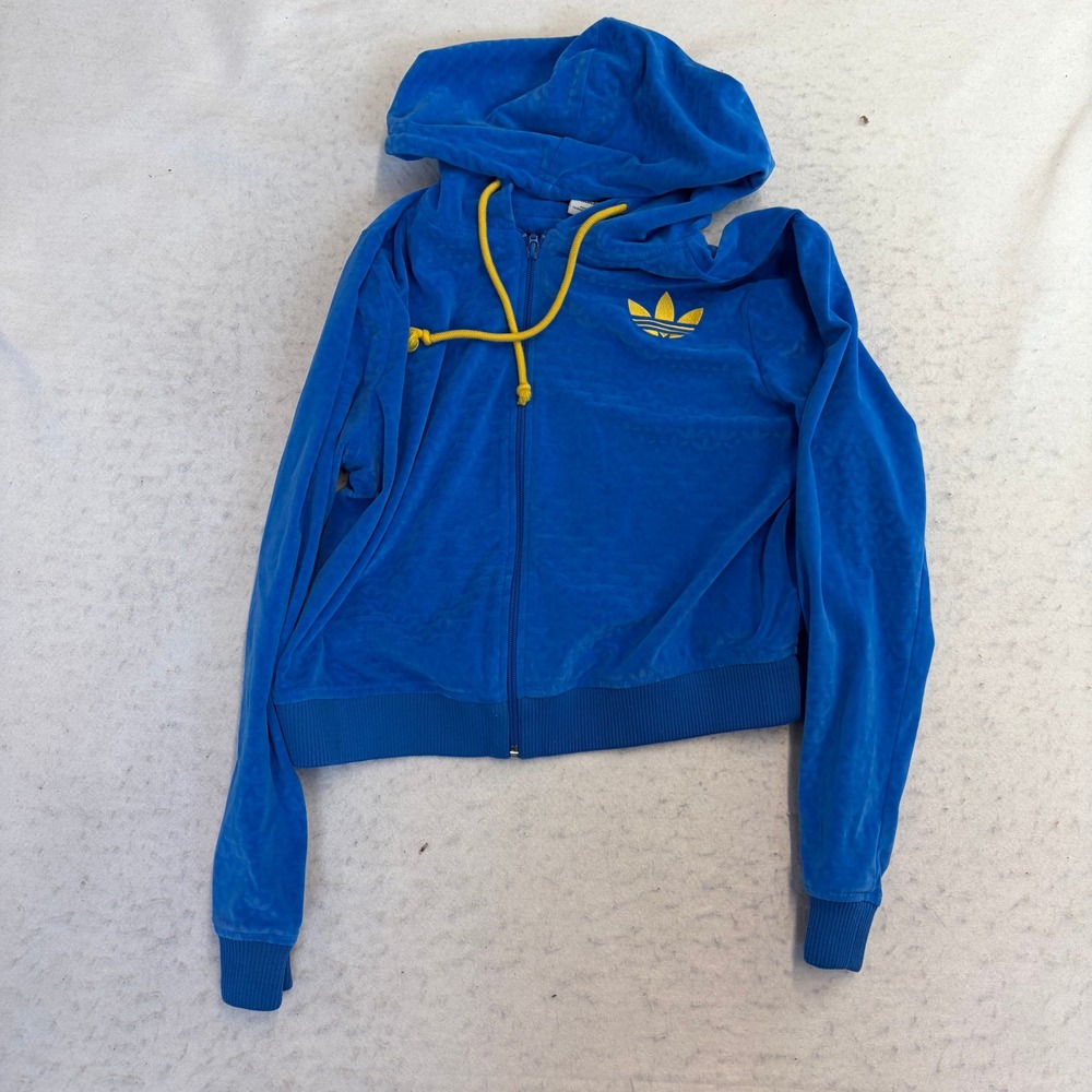 Adidas Velour Zip Up Hoodie Womens Size S Blue Monogram Trefoil Cropped